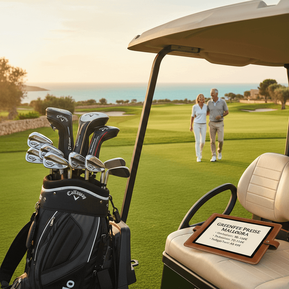 Greefee Guide with golf cart and couple in the sun on a golf course in Mallorca