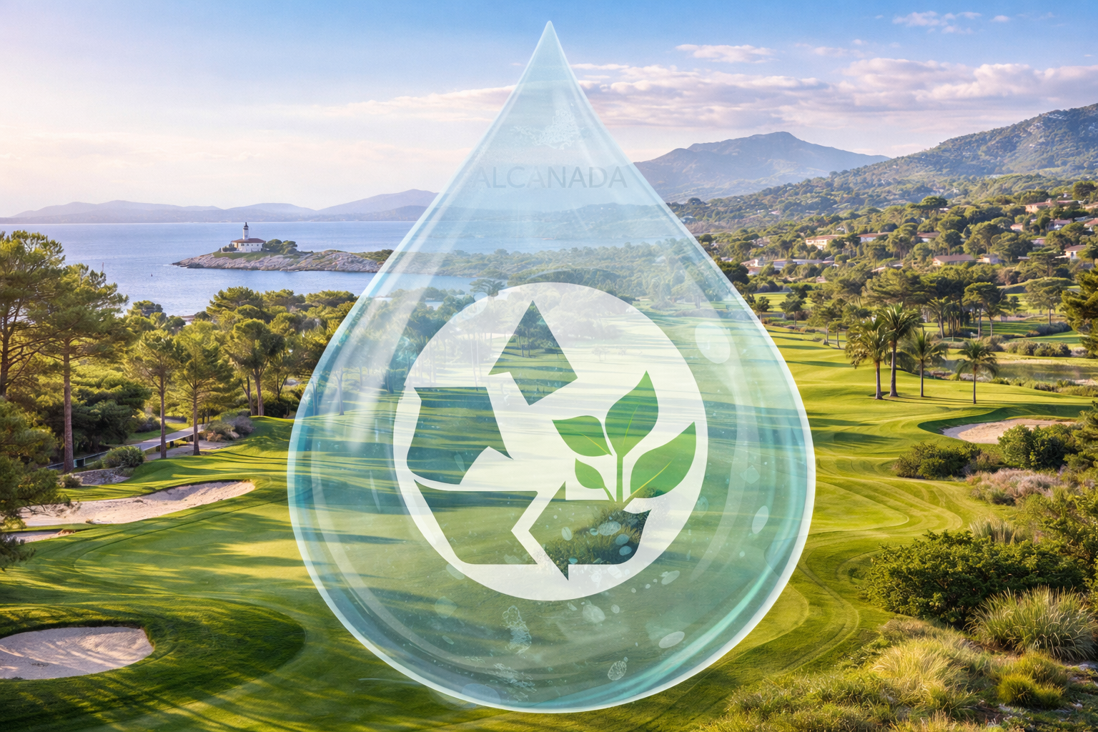 Water strategy depicted on Mallorca's golf courses with recycling symbol and lush landscape.