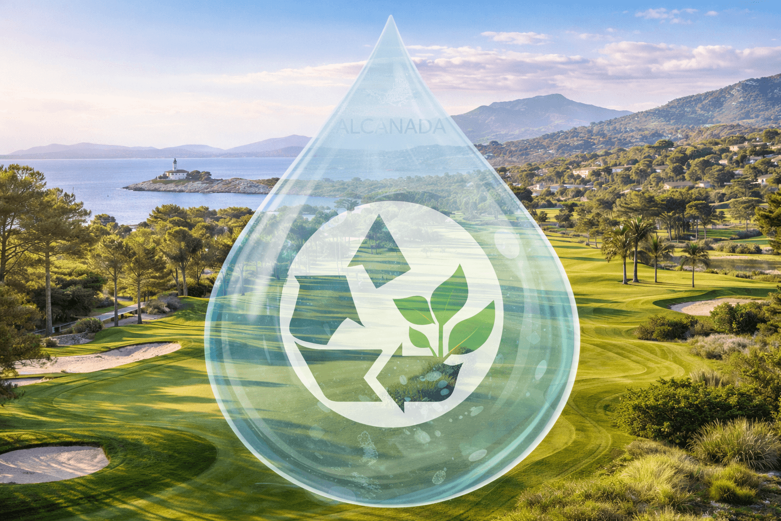 Water strategy depicted on Mallorca's golf courses with recycling symbol and lush landscape.