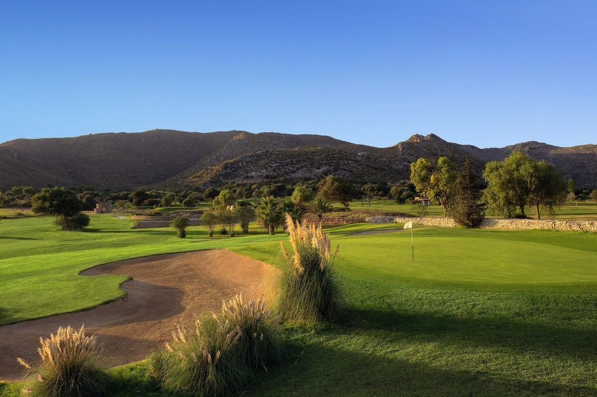 Bunker with pampas grass and mountain backdrop at Capdepera Golf, Mallorca