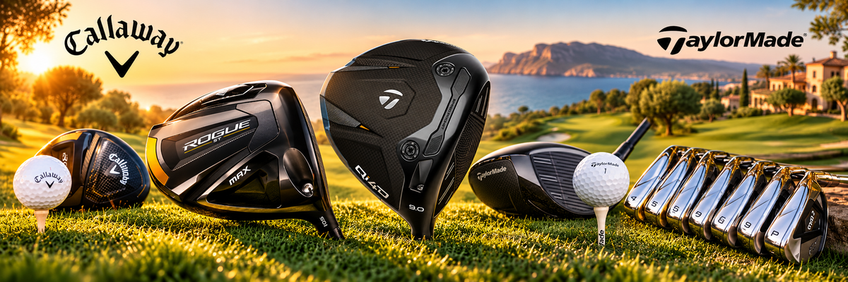Callaway and TaylorMade golf clubs on a Mallorca golf course at sunset