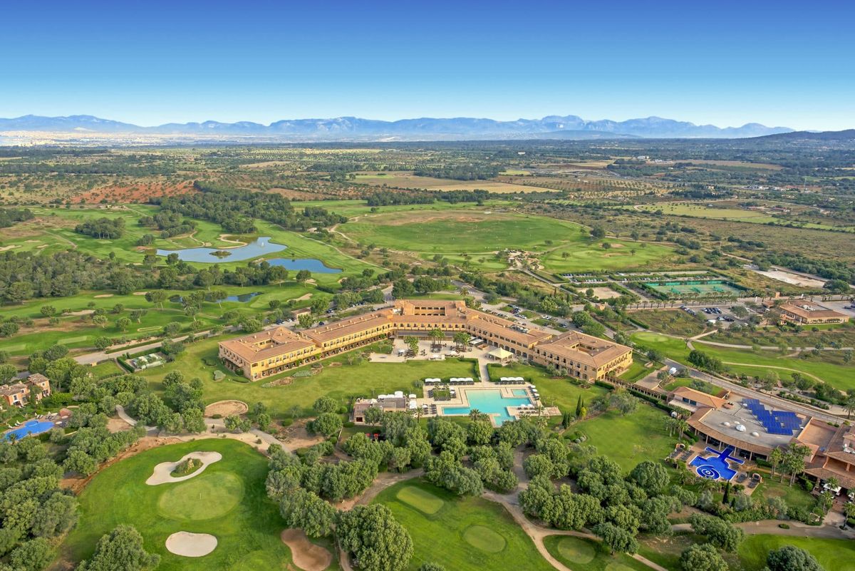Aerial view of the resort, pools and fairways at Son Antem East golf course, Mallorca