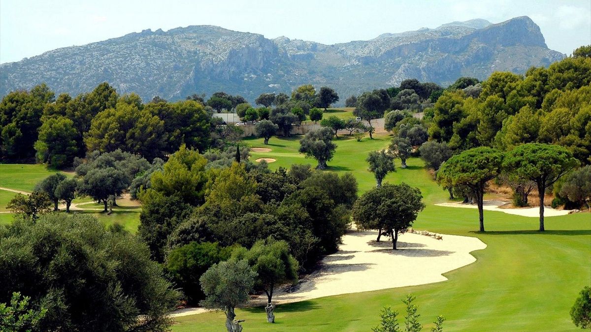 Bunker and green among pine trees below the mountains at Golf Pollensa, Mallorca