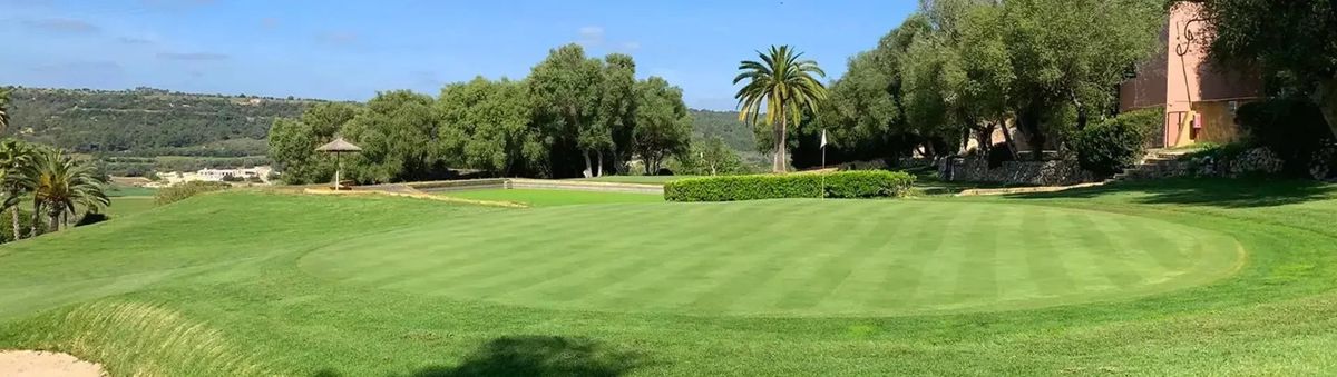 Manicured green with palm trees and hedges at La Reserva Rotana Golf, Mallorca