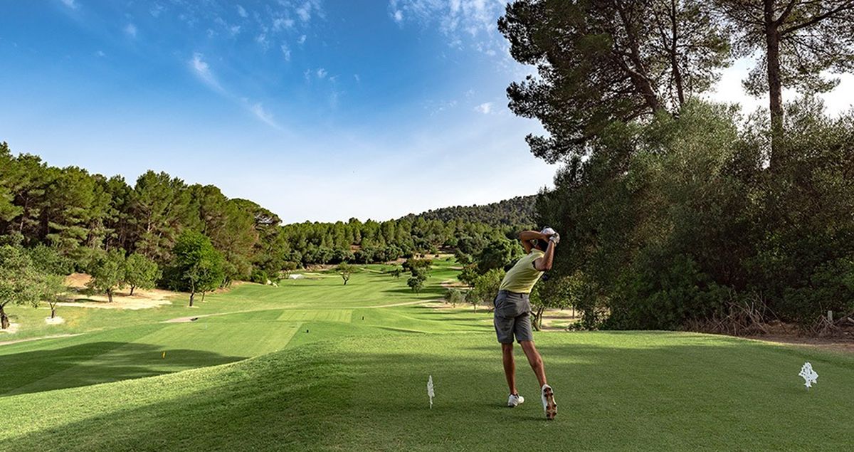 Golfer bij de afslag met dennen op de achtergrond – Arabella Golf Son Muntaner, Mallorca