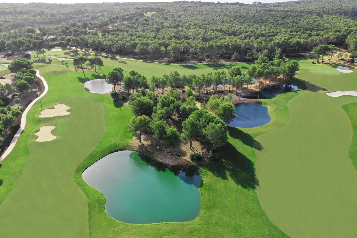 Aerial view of two lakes and green fairways at T-Golf Calvià, Mallorca