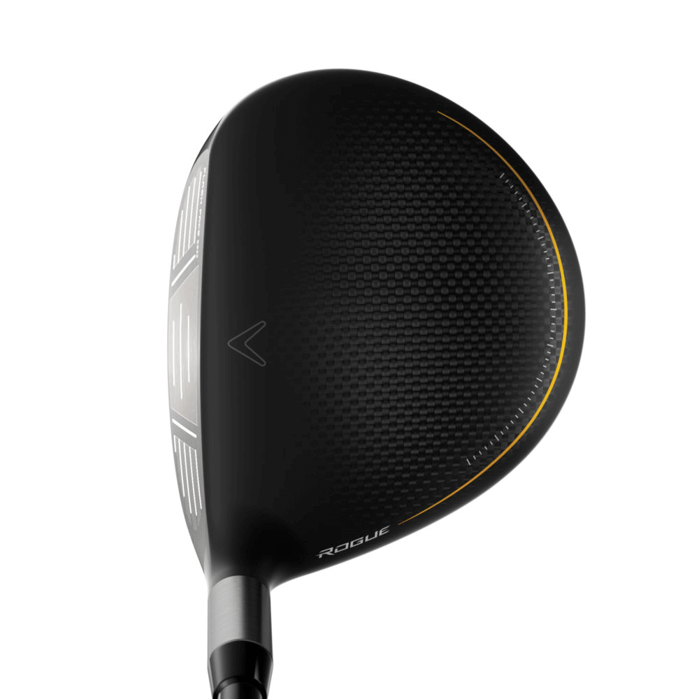Callaway Rogue men's right-handed golf driver with graphite shaft, shown in a natural stance with sleek black finish.