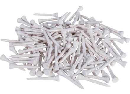 Set of 25 wooden golf tees from Rent2Play.Golf, featuring natural wood finish and varying heights for teeing up golf balls.