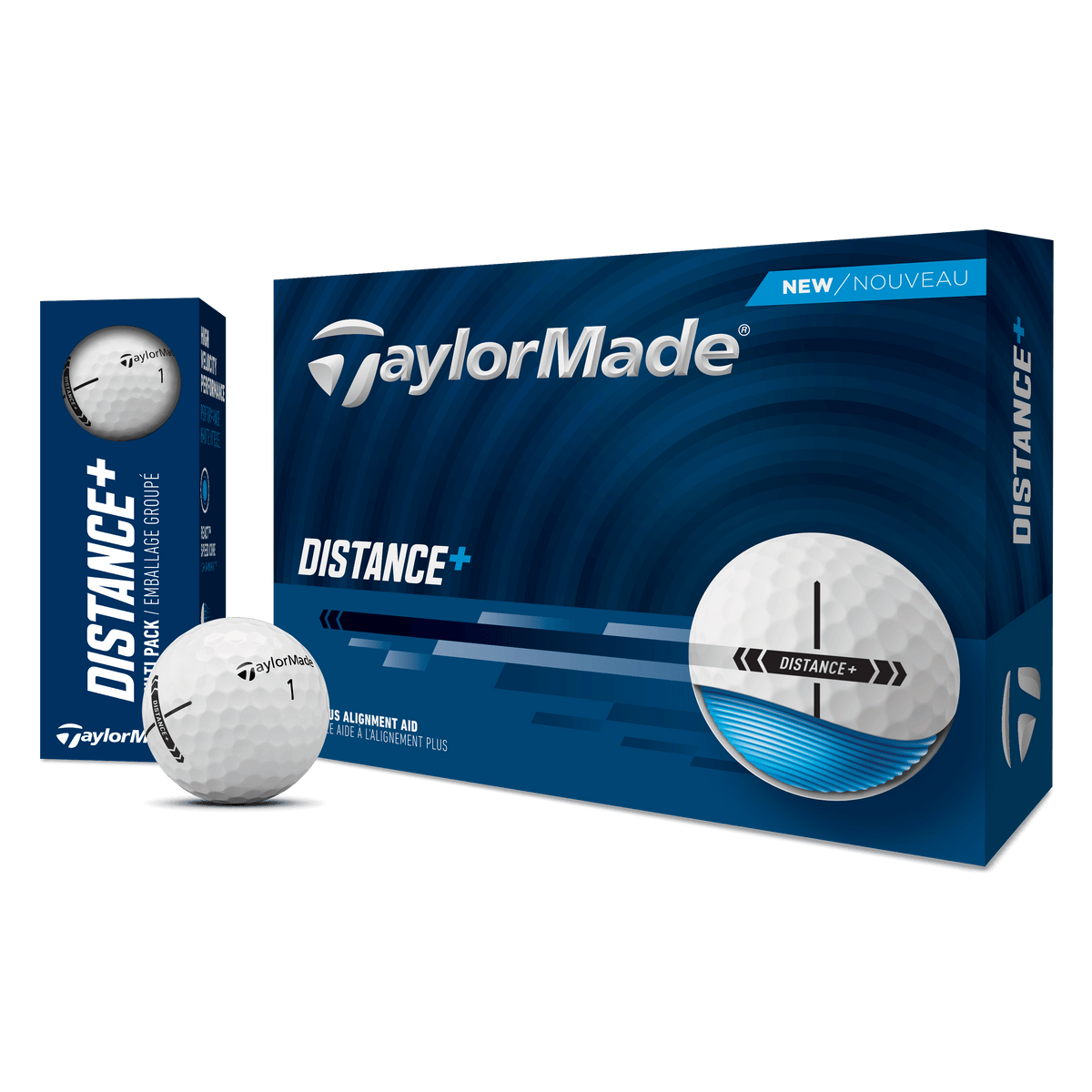 TaylorMade Distance+ golf balls, 12-pack, featuring white spherical design and TaylorMade branding for long-distance performance.