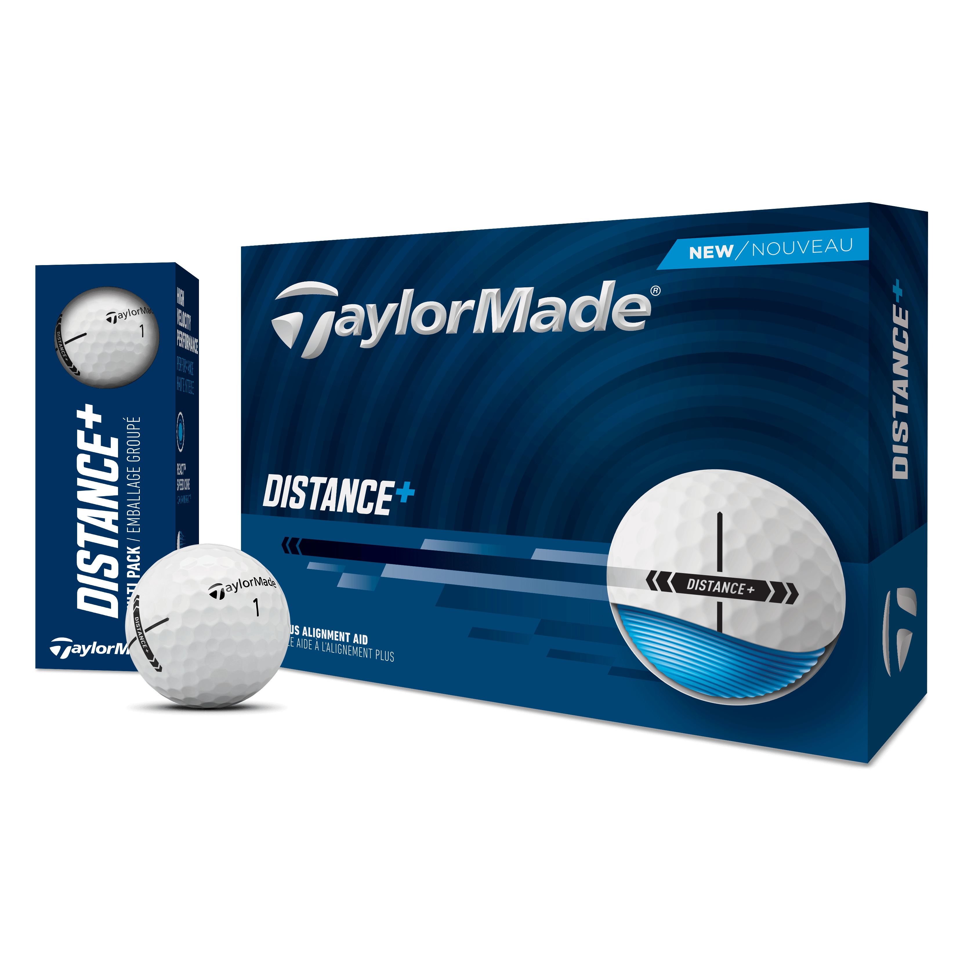 TaylorMade Distance+ golf balls, 12-pack, featuring white spherical design and TaylorMade branding for long-distance performance.