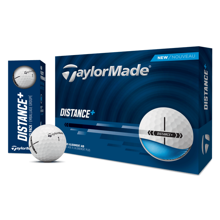 TaylorMade Distance+ golf balls, 12-pack, featuring white spherical design and TaylorMade branding for long-distance performance.