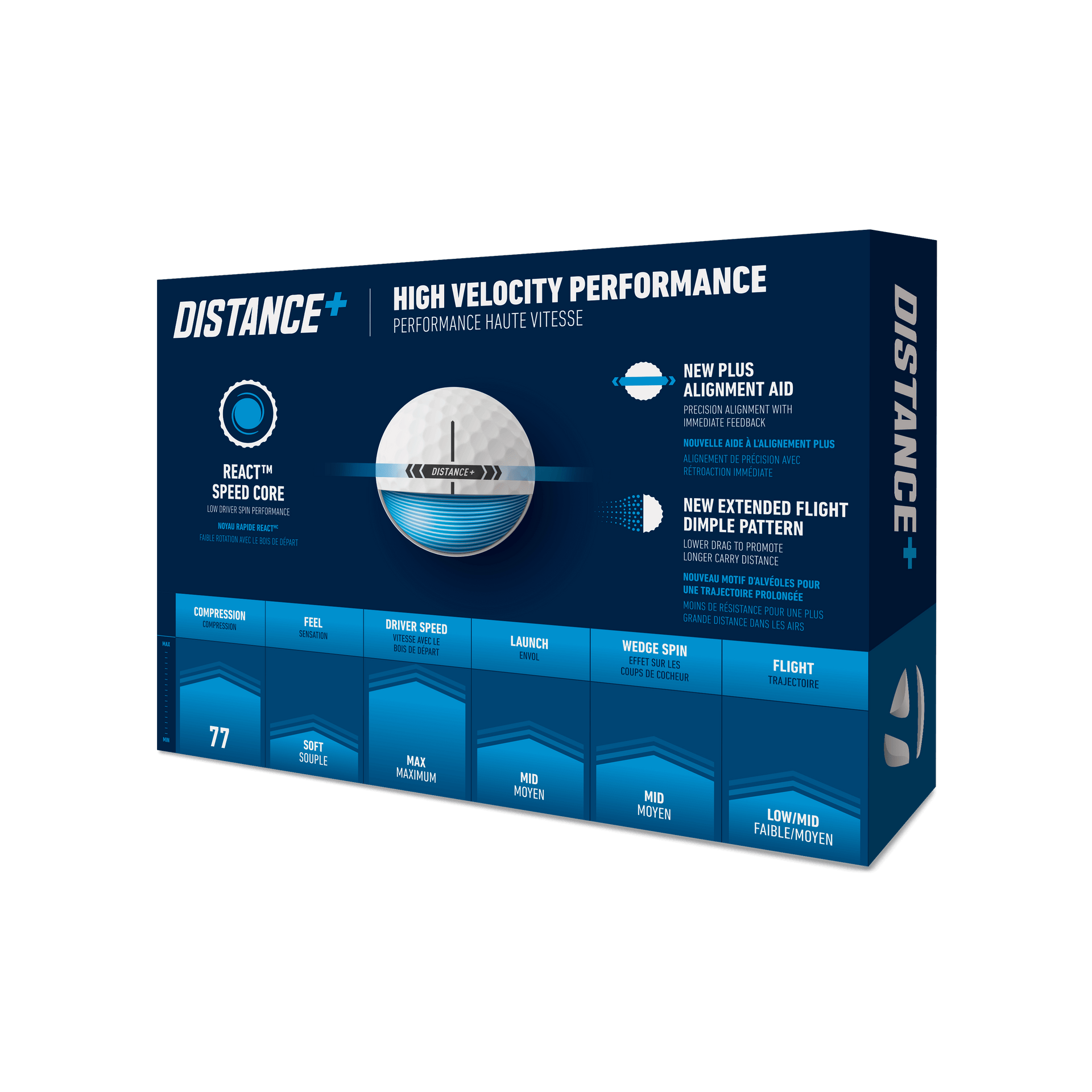 TaylorMade Distance+ 12-pack golf balls, white with TaylorMade branding, designed for long-distance and durability.