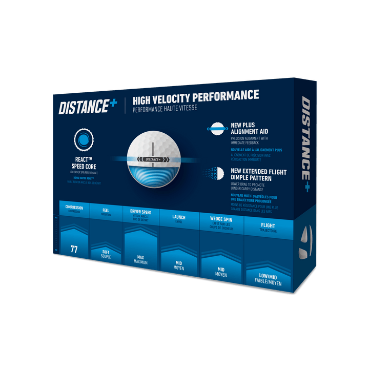 TaylorMade Distance+ 12-pack golf balls, white with TaylorMade branding, designed for long-distance and durability.