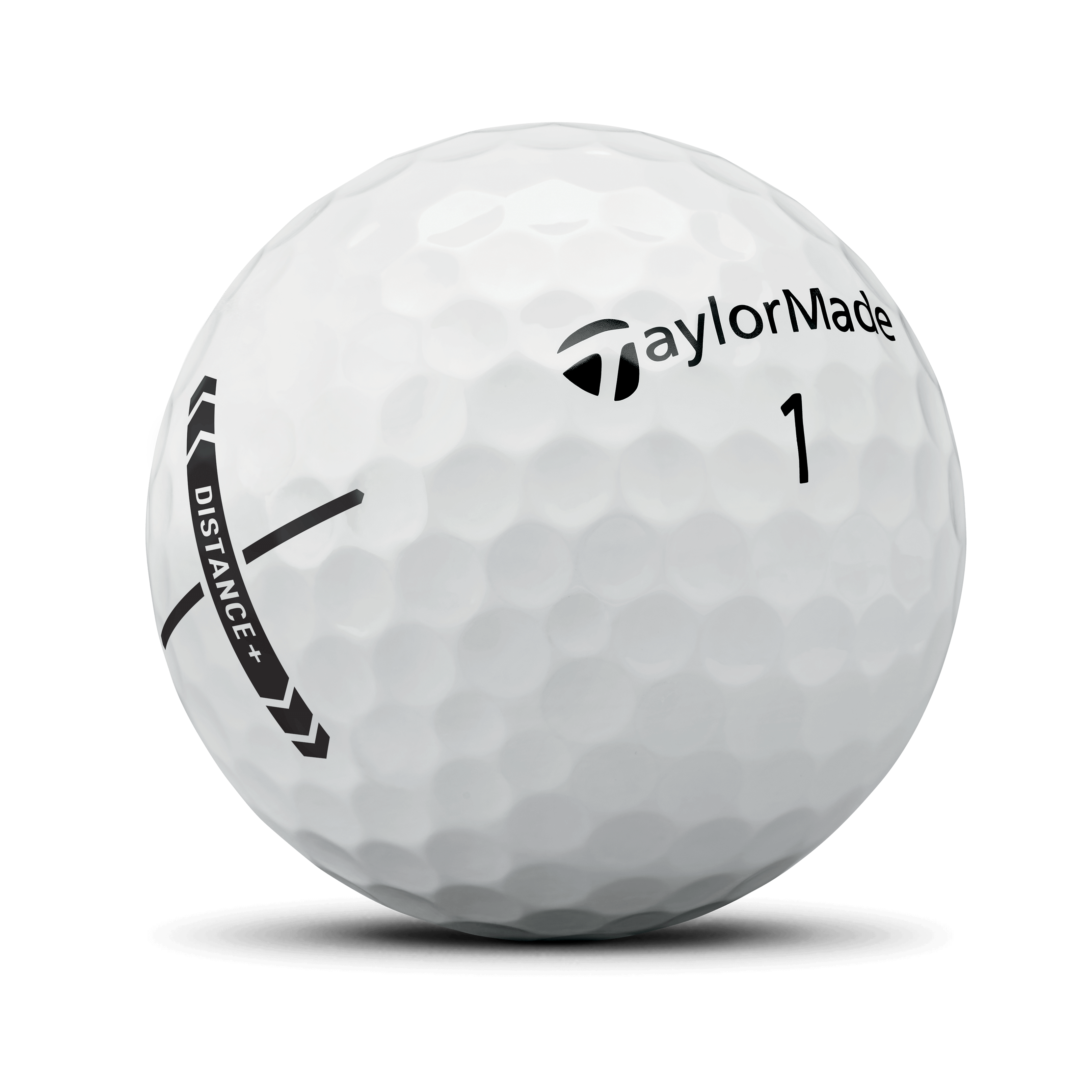 Set of three TaylorMade Distance+ golf balls, showing the white balls with branding and aerodynamic design.
