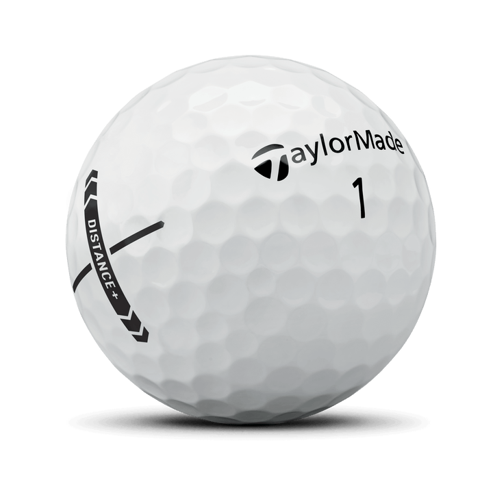 Set of three TaylorMade Distance+ golf balls, showing the white balls with branding and aerodynamic design.