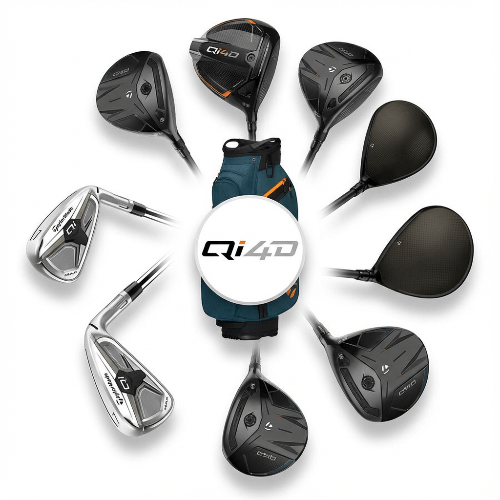 TaylorMade Qi4D men's right-handed golf iron with stiff steel shaft, showing the club head and grip in detail.
