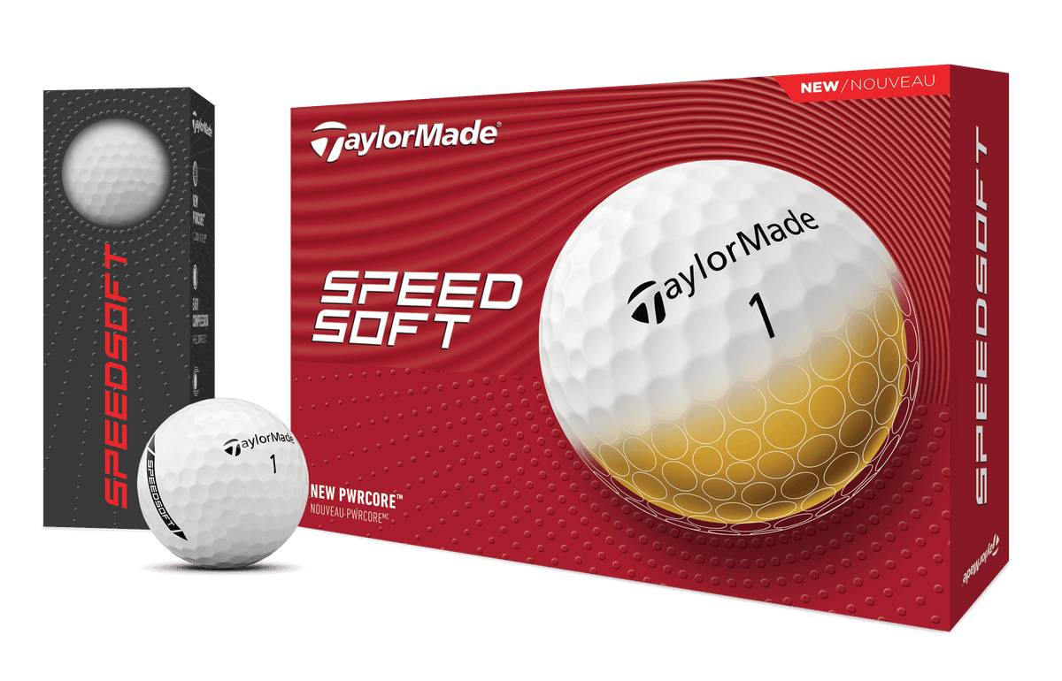 TaylorMade SpeedSoft golf ball set with 12 white balls, featuring textured cover and standard size for optimal performance.